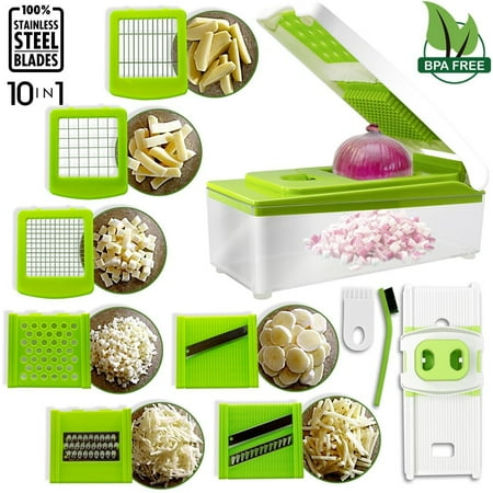 Vegetable Slicer Cutter, iLove Cooking 10 in 1 Stainless Steel Adjustable Multi Blades Chopper Efficient and Fast Strong-Hold with Cleaning Brush for Onion Potato Tomato Fruit & More