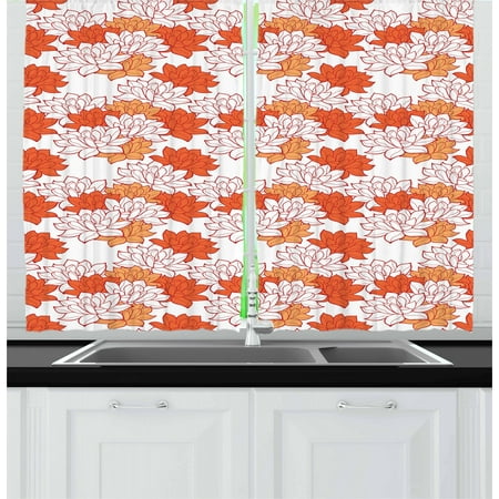 Orange Curtains 2 Panels Set Blossoming Hand Drawn Lotus Leaves