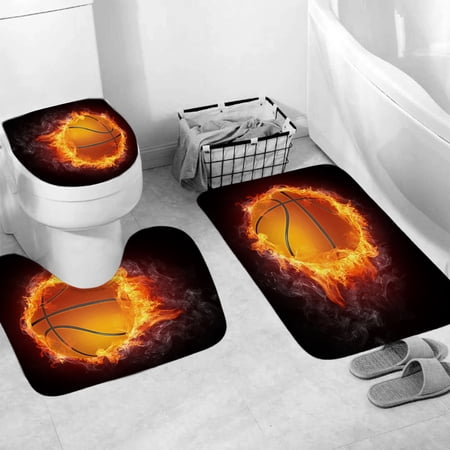 3Pcs Basketball On Fire Bathroom Rug Sets, Non Slip Bath Mat, Contour Mat and Toilet Lid Cover, Bathroom Mats Shower Mats Bath Rug Mat for Tub Shower and Bathroom