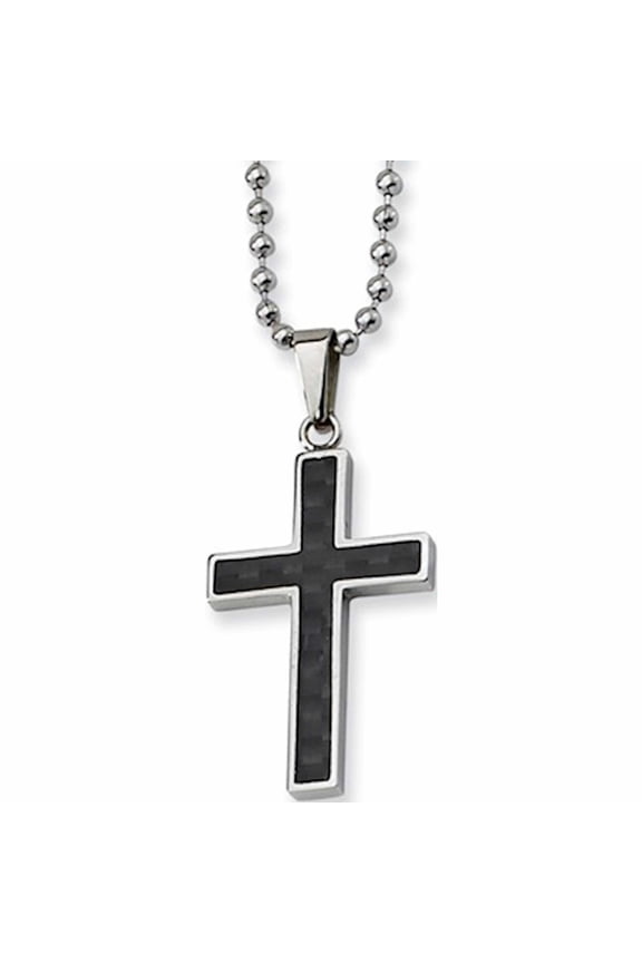 Stainless Steel Polished With Carbon Fiber Inlay Cross 22In Necklace (22 X 18) Made In China -Jewelry By Sweet Pea