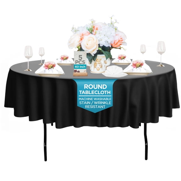 Leading Linens 5 pc 60 Inch Round Black Polyester Tablecloths - Stain & Wrinkle Resistant Washable Dining Table Cover for Wedding Reception Banquet Party Event