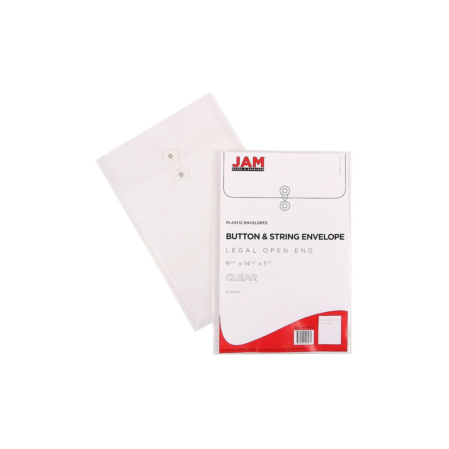 JAM Paper Plastic Envelopes, 9.8x14.5, Clear, Button String, Legal Open End, 12/Pack