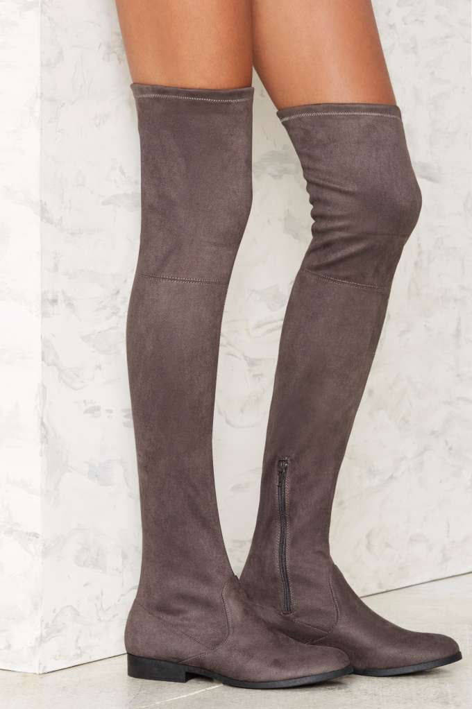 flat brown thigh high boots