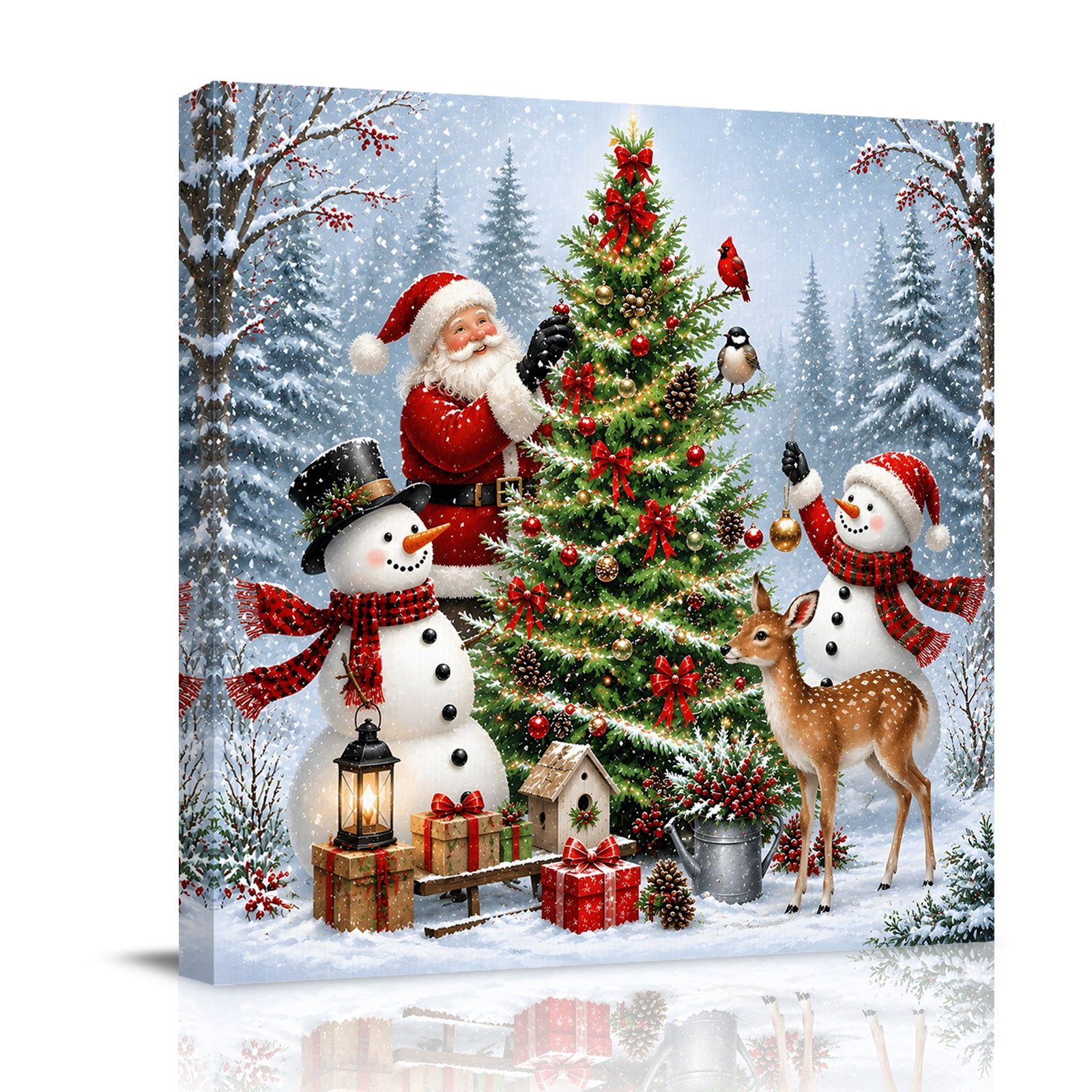 Canvas Wall Art Merry Christmas Framed Canvas Prints for Bathroom Kitchen Xmas Tree Santa Claus Snowman Deer Gallery Wrapped Wall Decor for Home Office Gifts 10 x10 Ship Next Day