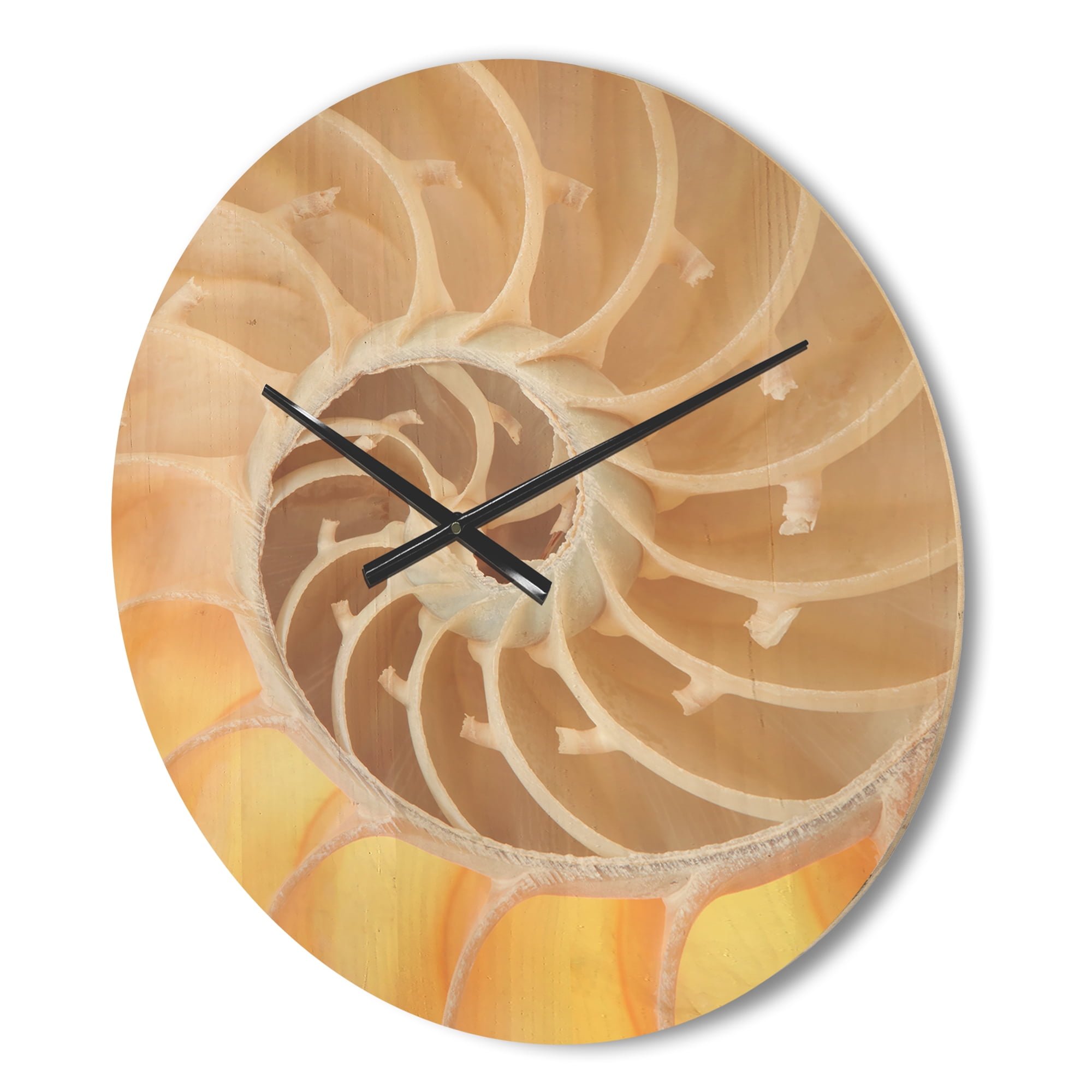 Designart 'Golden Nautilus Seashell Pattern ' Modern Wood Wall Clock