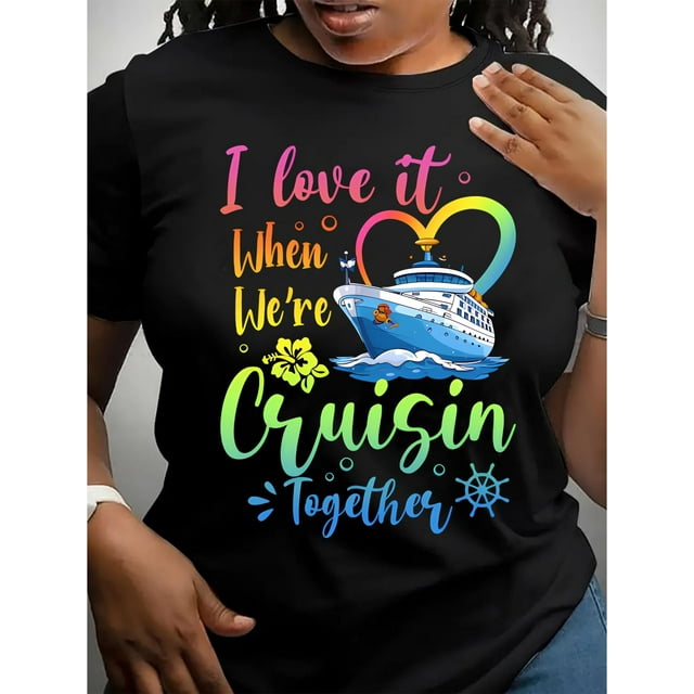 Camiseta con estampado gráfico de viaje en crucero, manga corta, cuello redondo, informal, para verano y primavera, ropa de mujer, camiseta deportiva de ocio.