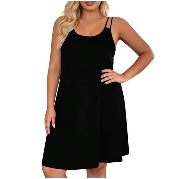 Busydd Womens Dresses Casual Comfortable Round Neck Sleeveless Nightdress Trendy Spaghetti Straps Solid Color Sleep Summer Dress L