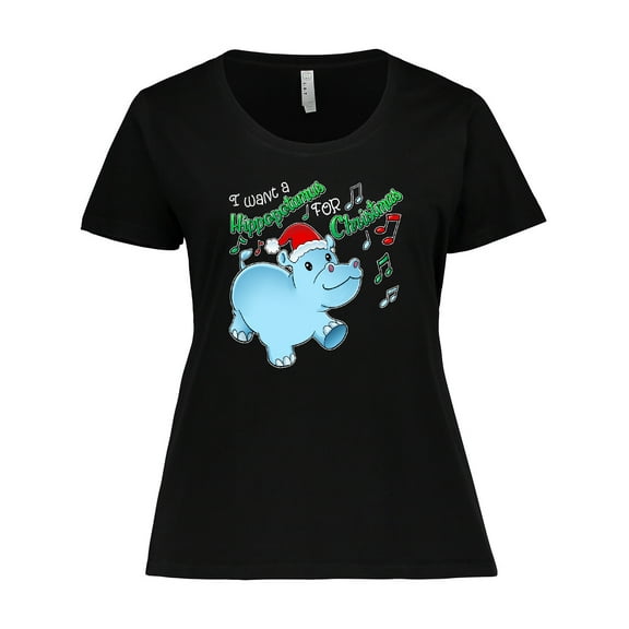 Inktastic I Want a Hippopotamus for Christmas Hippo in Santa Hat Women's Plus Size T-Shirt