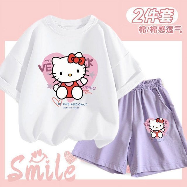 Traje de verano Hello Kitty para niñas, pantalones cortos de manga corta, de dos piezas, finos, transpirables, de talla mediana a grande, pantalones cortos de media manga para niños