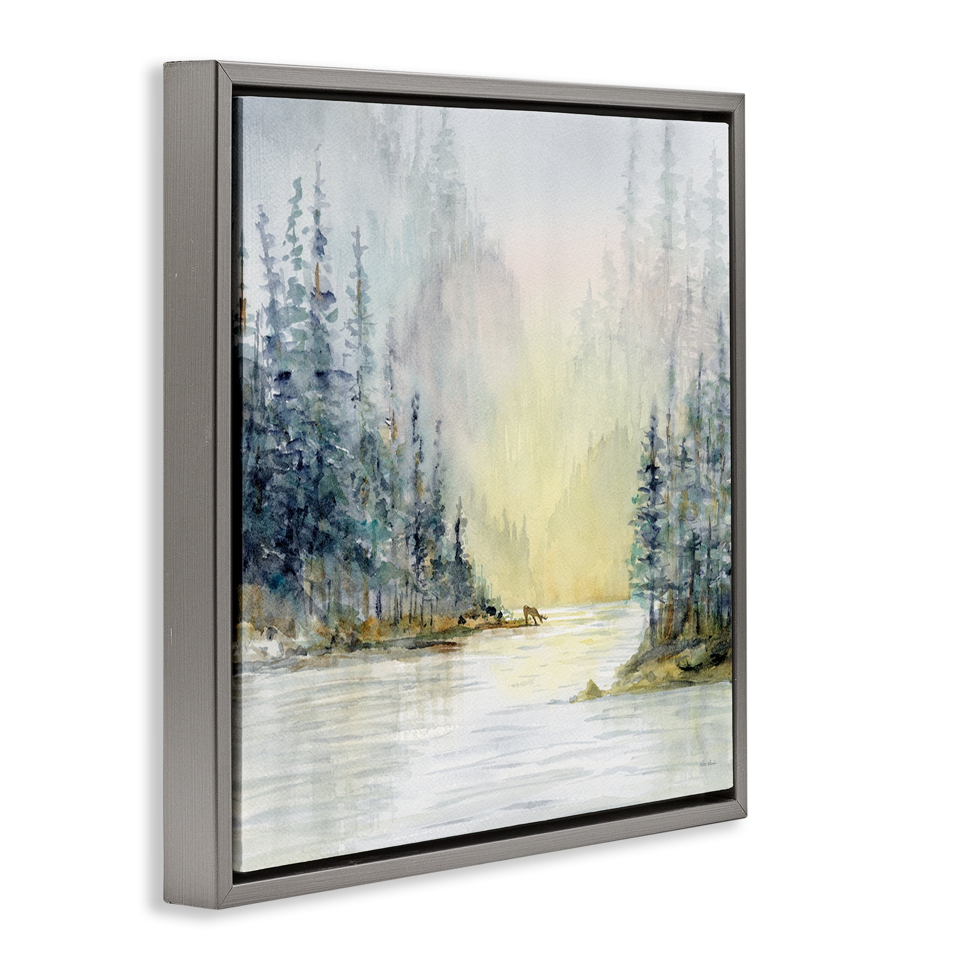 Stupell Industries Woodland Lake Scene Landscape & Nature Painting Gray Floater Framed Canvas Art Print Wall Art, 18 x 18