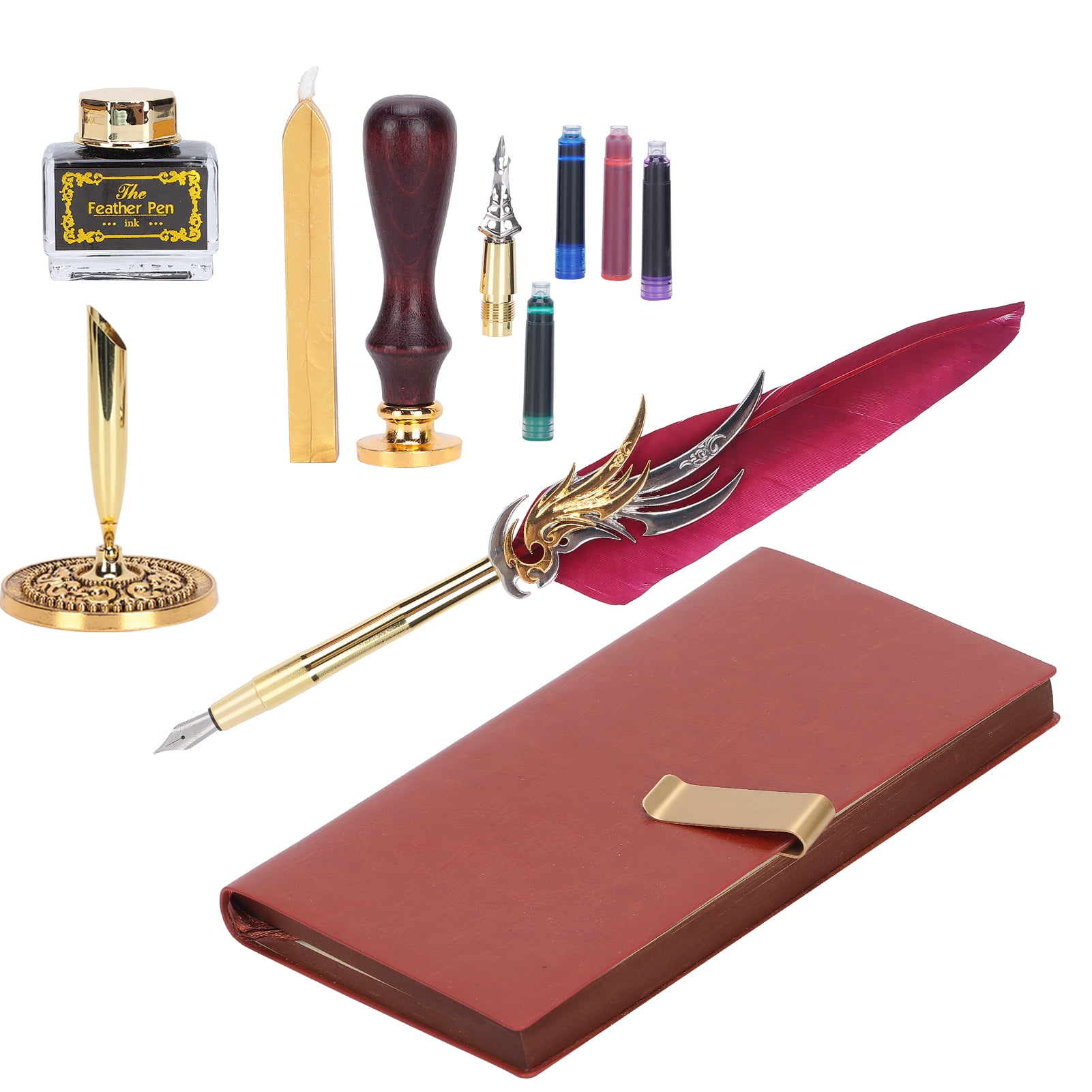 Riousery Dip Calligraphy Pen Set Feather Ink Sac Fountain Pen Gift Box Kit with Lacquer Stamp Tool Wine Red SP139006