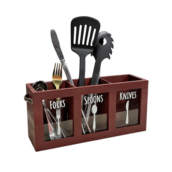 YFTDEF Wooden Utensil Caddy, 3 Compartment Cutlery Organizer, Clear Window Handle for Easy Sorting, Ideal for Kitchen and Dining Room Use, Perfect for Entertainers and Home Chefs