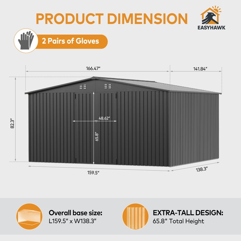 EASYHAWK, Steel Outdoor Storage Shed, 14ft x 12ft, Heavy-Duty