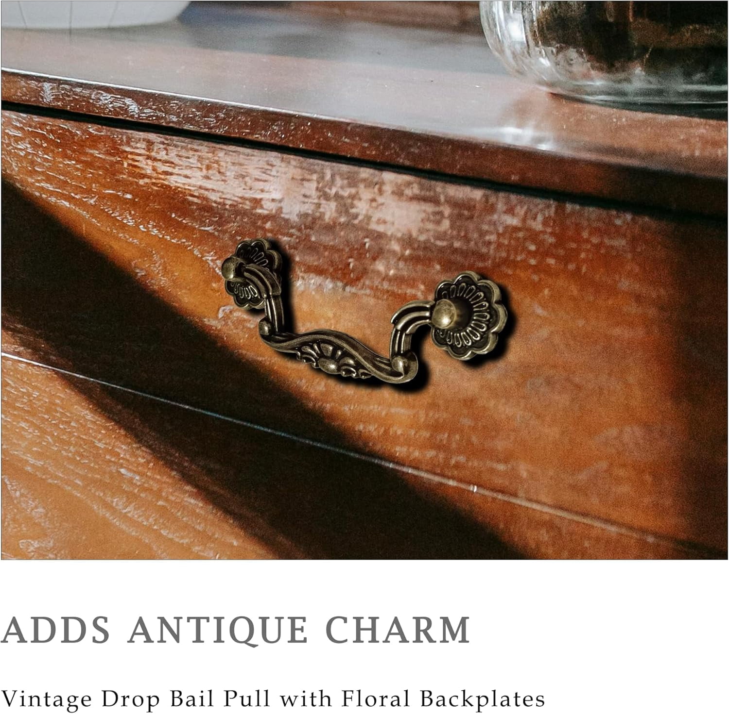 6-Pack Antique Brass Drop Bail Pulls for Cabinets, 3" Hole Centers, Vintage Floral Decorative Handles for Dresser Drawers, Wardrobe Cupboards