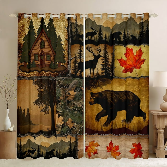 2 Panneaux, Rideaux Rustiques de Ferme 52"X63 Pouces, Rideaux de Fenêtre Rétro Cabane Lodge, Rideaux Assombrissants Faune de Noël Western, Traitements de Fenêtre Rv Bois Feuilles d'Érable Campagne