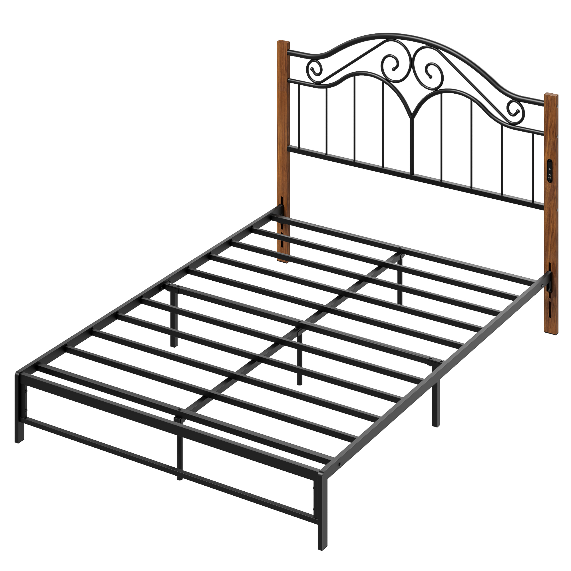 Yoneston Vintage Wood Grain Metal Queen Headboard with Charging and 3-Level Height Adjustment Design, Black