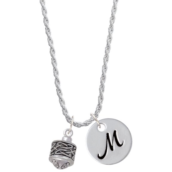 Delight Jewelry Silvertone Celtic Knot Band Spinner Silvertone Script Initial Disc - M - Charm Necklace, 20"+3"