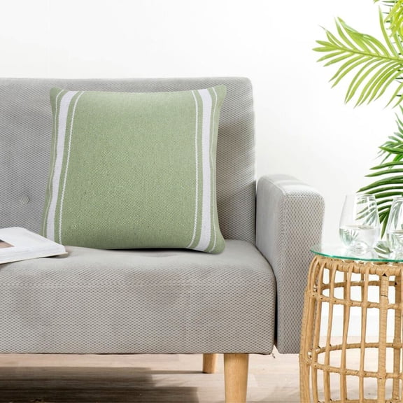 Laddha Home Designs Handwoven Geometric Striped Cotton Throw Pillow Cover - 20" - Green and White