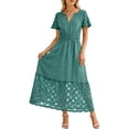 thumbnail image 3 of Neewe Robe Maxi d'Été pour Femmes, Ample, Unie, Col en V, Manches Courtes, Tunique, Taille Plissée, Décontractée, Longueur Cheville, Ourlet en Dentelle, 3 of 7