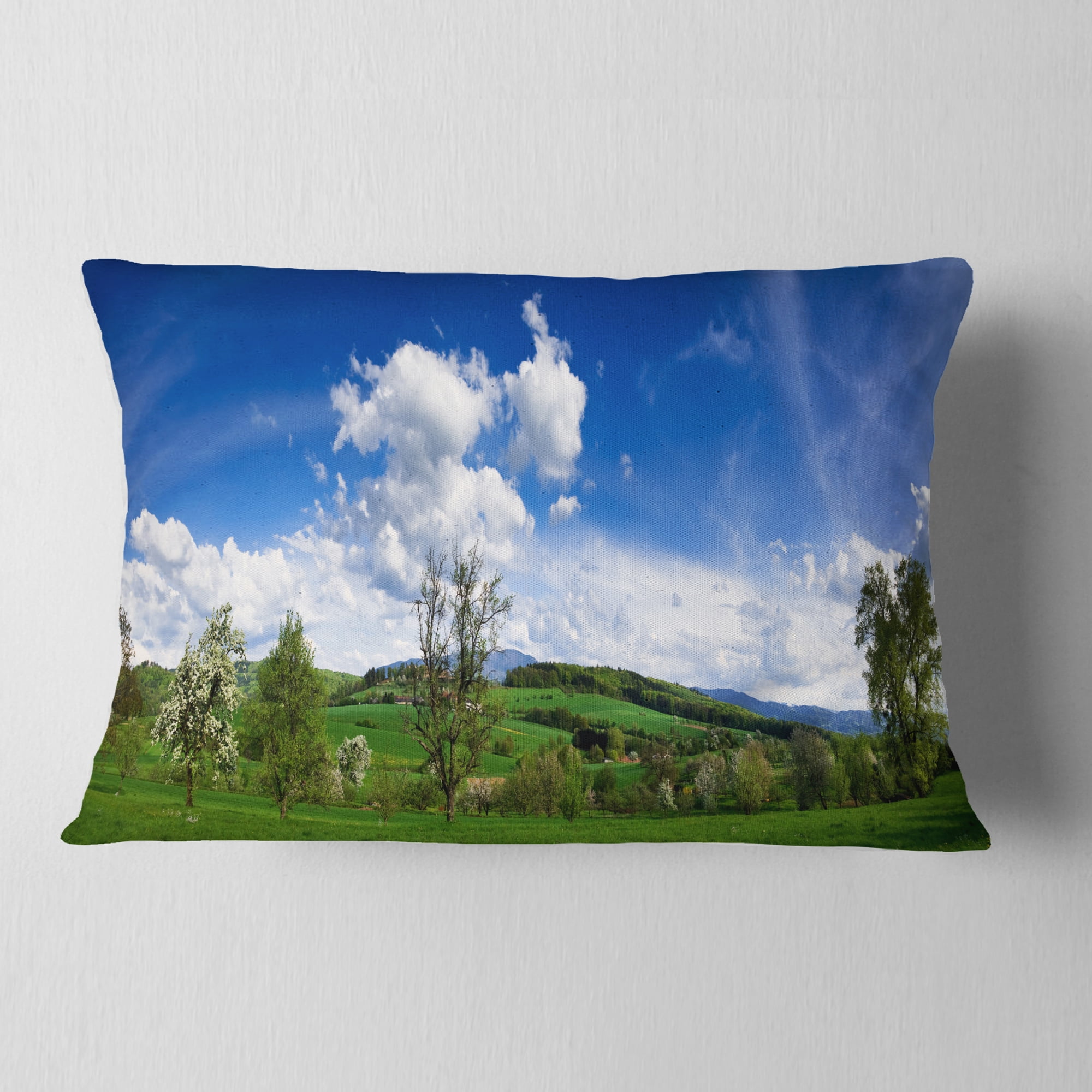 Designart Green Blue Spring Landscape - Photography Throw Pillow - 12x20