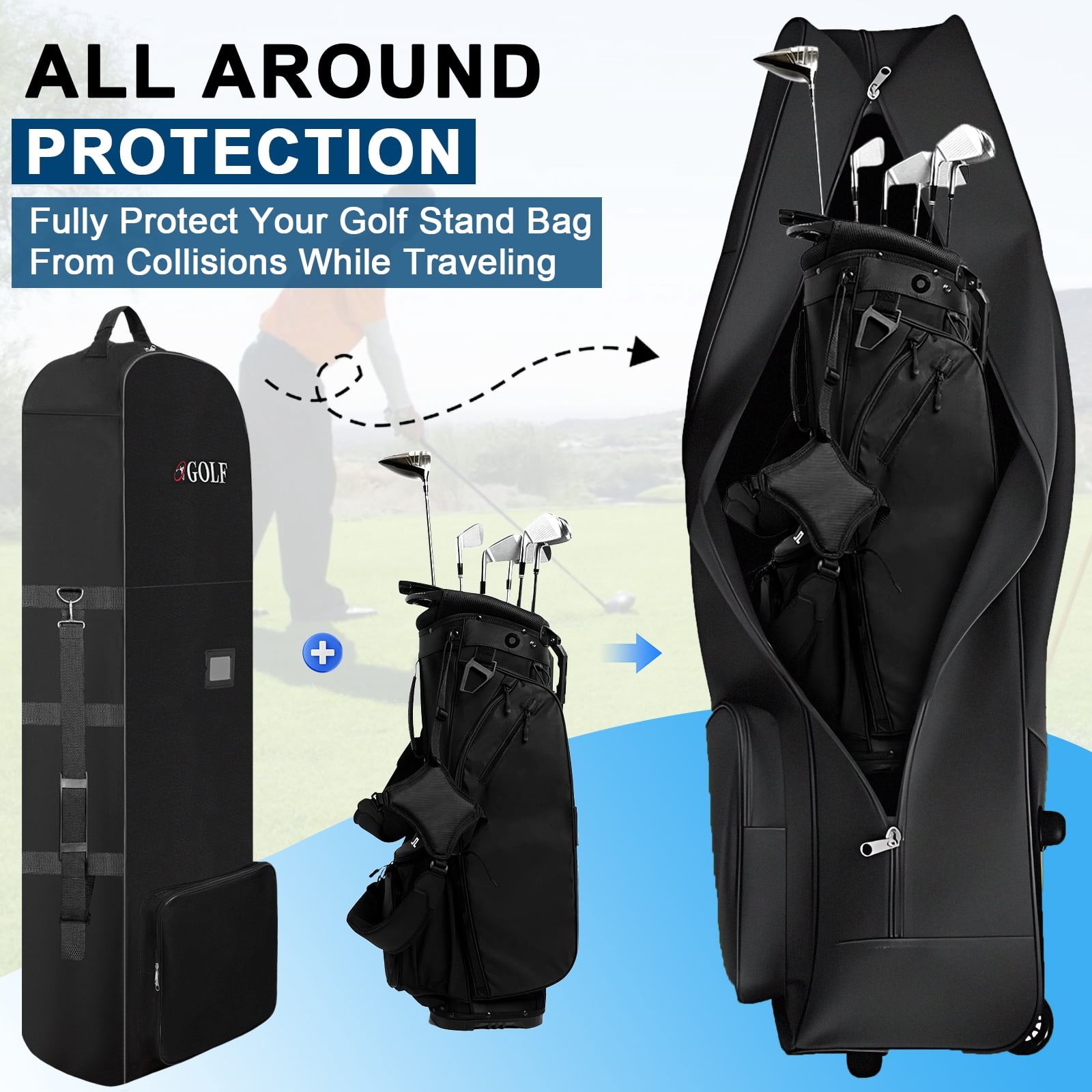 FANOTEK Rolling Golf Bag for Airlines, Golf Travel Bag with Wheels, 600D Waterproof Golf Club Bag Travel Case Foldable Black