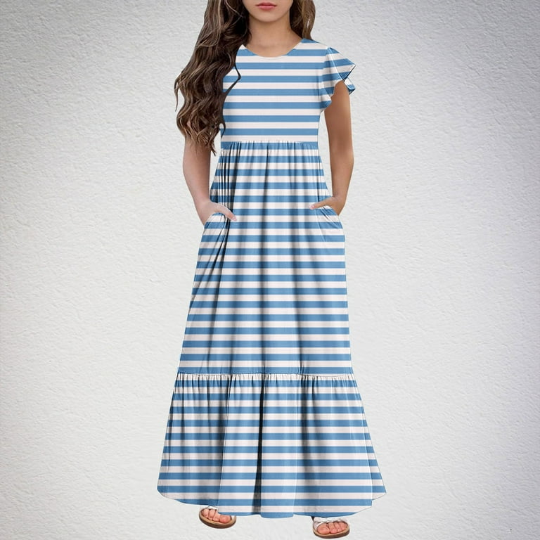 Mikilon 6-12 Years Girls Casual Maxi Stylish Plaid Dress Short Sleeve Holiday  Dresses with Pockets
