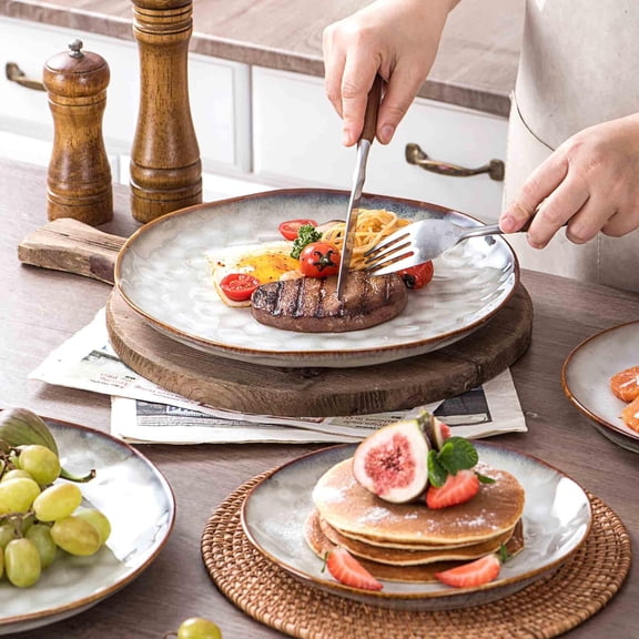 Ceramic Dinner Plate Set, 11 Inch Porcelain Pizza, Pasta, Salad Plates, Irregular Shape Steak Plates Set of 4, Stoneware Serving Dishes for Kitchen (White)