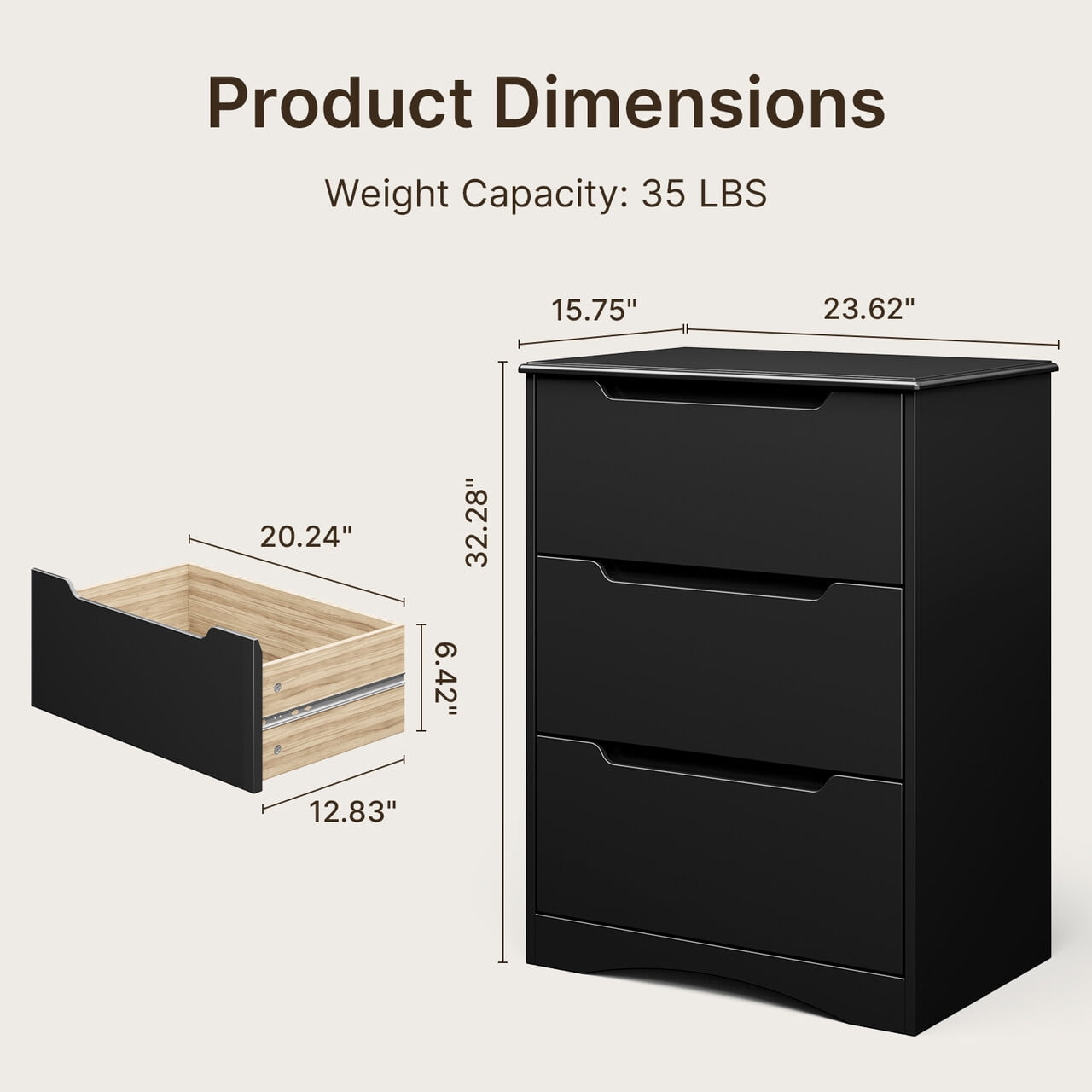 Aiho 3 Drawer Dresser, White Wood Storage Cabinet with Cutout Handles for Bedroom, Black