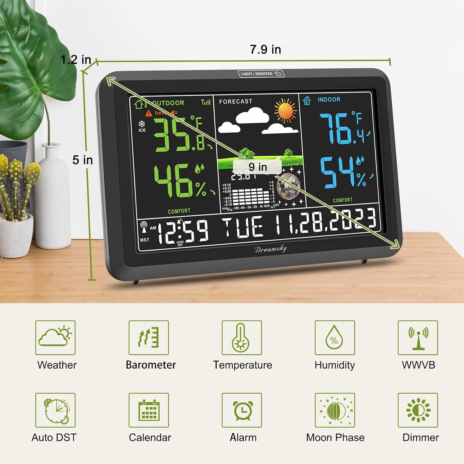 Weather Station Indoor Outdoor Thermometer Wireless with Digital Atomic Clock for Home, Large Display with Adjustable Backlight, USB Port, Inside Outside Temperature Humidity Monitor