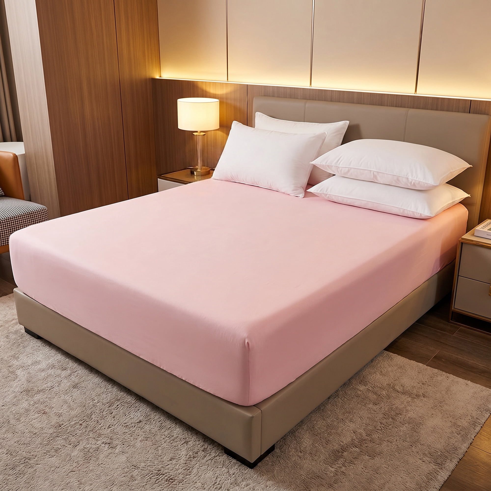 Unique Bargains Fitted Sheet Solid Cotton Bed Sheets Breathable Creamy pink 39"x74.8"