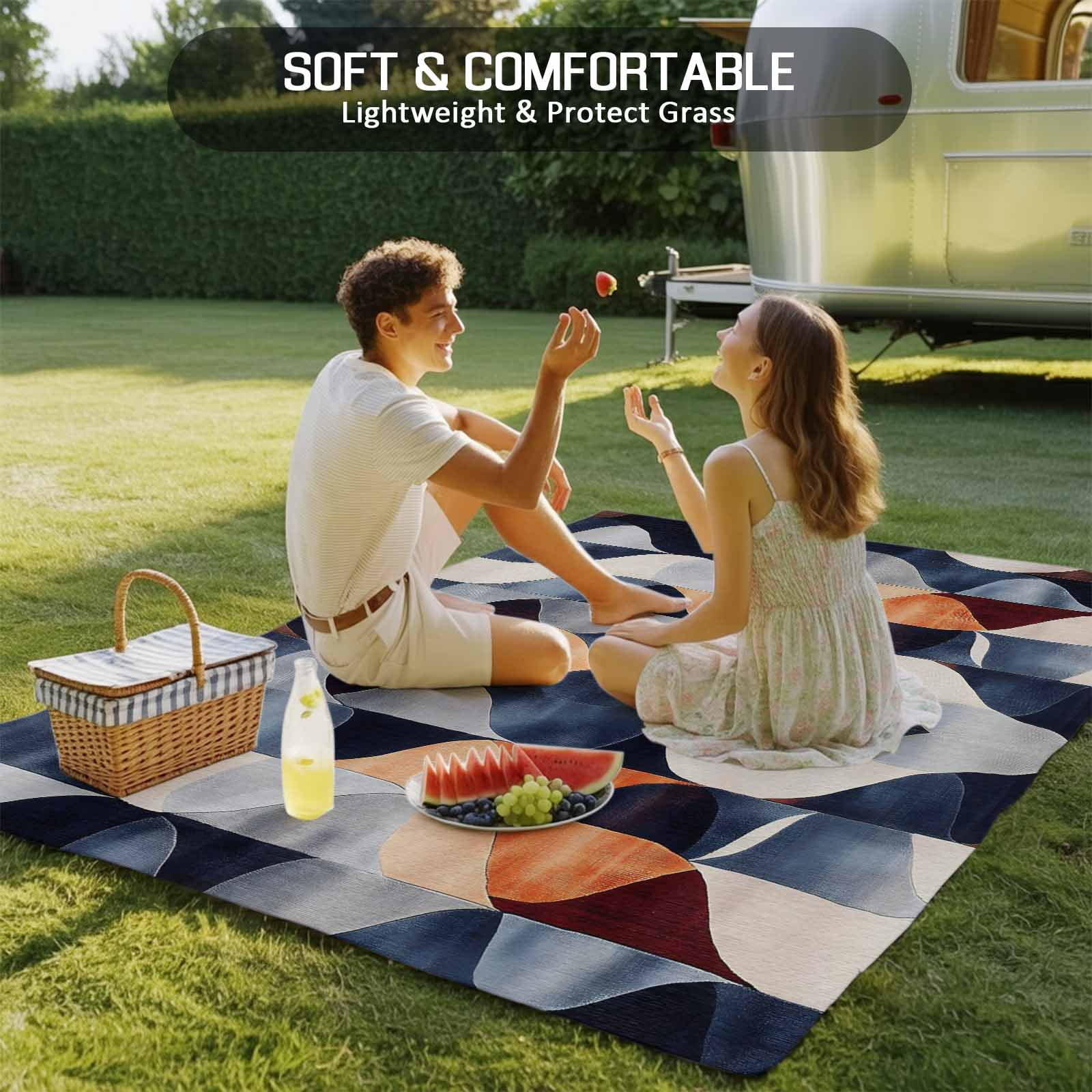 Navy Blue Burnt Orange Outdoor Rug 5x8 Ft - Reversible Patio Rug Outdoor Camping Rugs, Geometric Retro Abstract Washable Indoor Outdoor Area Rugs, Non-Slip Outdoor Carpet Runner for Deck/Porch