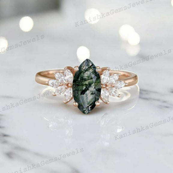 KANISHKAGEMS&JEWELS 2 Ct 9x7mm / Moss Agate Promise Ring CZ Diamond Cluster Bridal Wedding Jewelry Nature Inspired Gift Ring