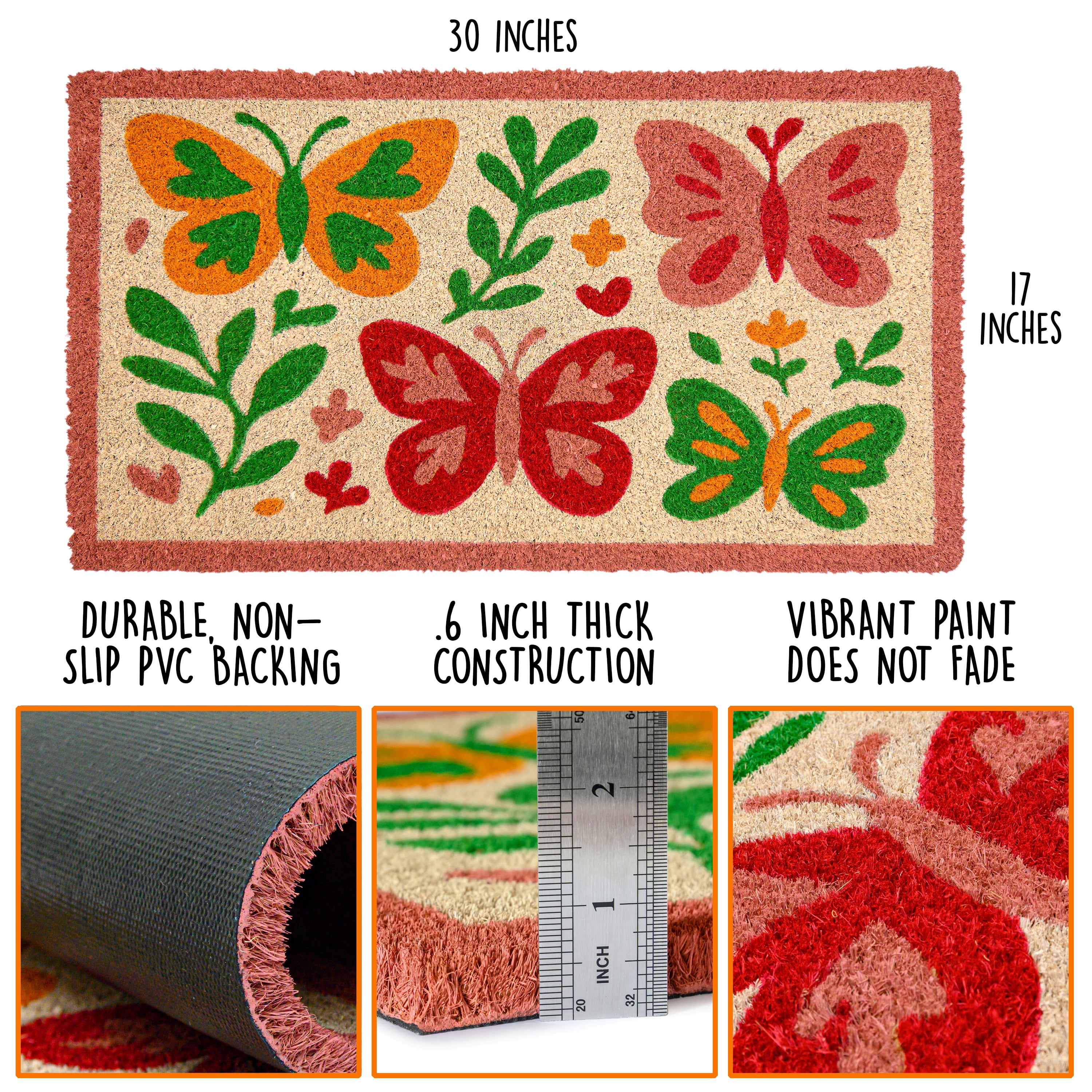MAINEVENT Butterfly Coir Doormat 30x17 Inch, Spring Outdoor Welcome Mat for Outside