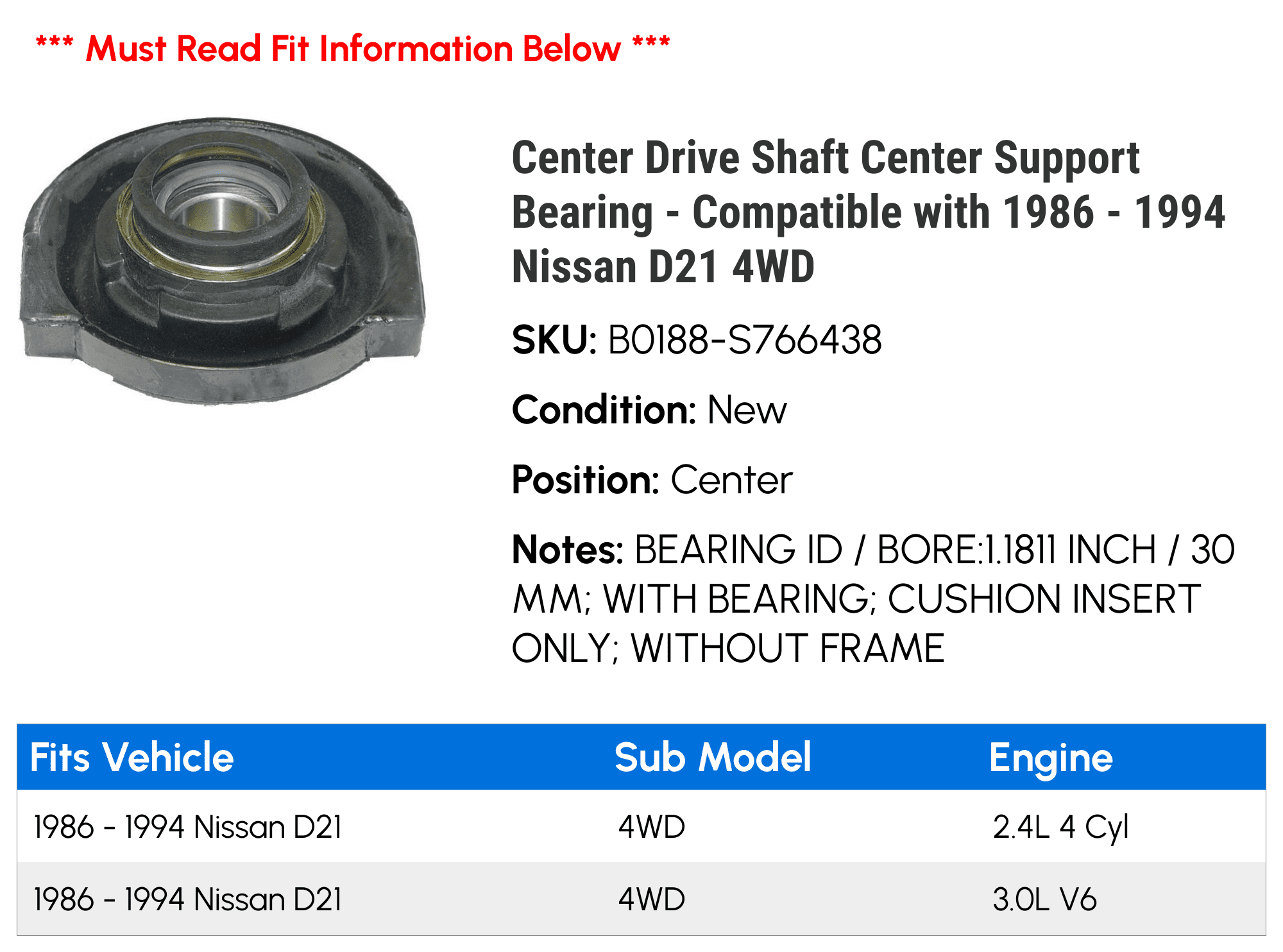 Center Drive Shaft Center Support Bearing - Compatible with 1986 - 1994 Nissan D21 4WD 1987 1988 1989 1990 1991 1992 1993