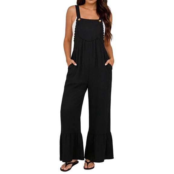 Karight Women's Wide Leg Ruffle Overalls with Scalloped Pocket Casual Loose Fit Sleeveless Jumpsuit