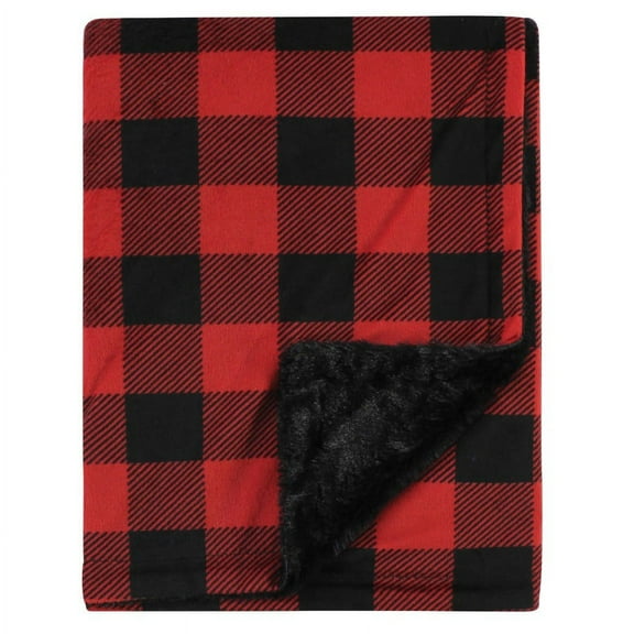 Hudson Baby Plush Blanket with Furry Binding and Back, Buffalo Plaid, One Size