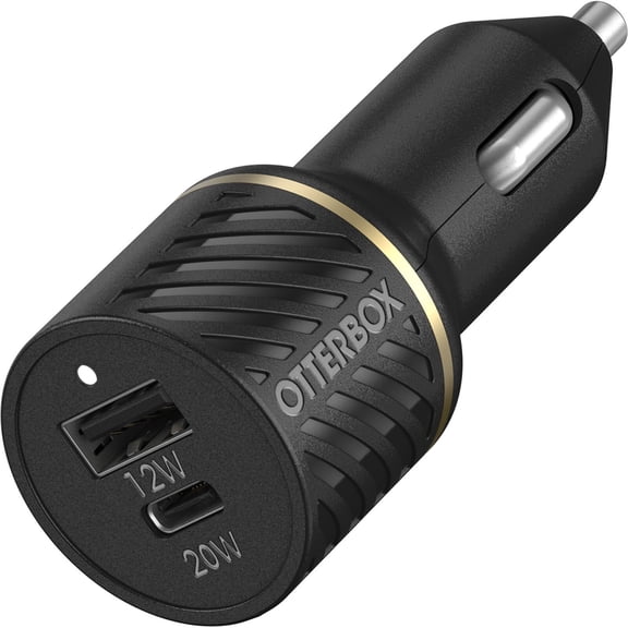 Restored OtterBox USB-C + USB-A Dual Port 32W Car Charger - Black Shimmer (Refurbished)