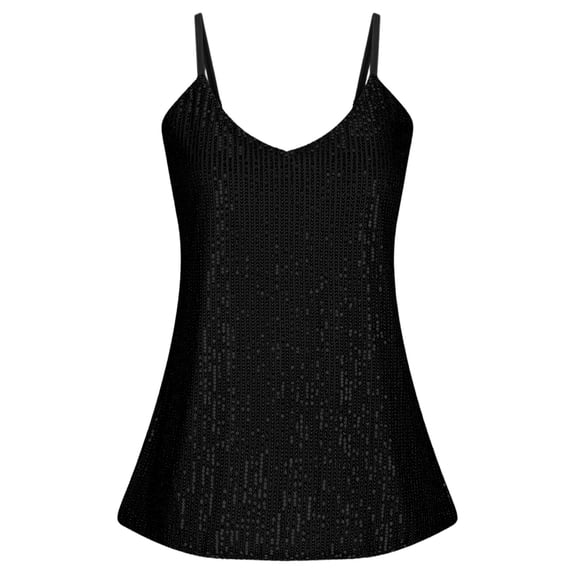 Wuxian Women'S Carnival Glittering Sequin Tank Top Solid Color V-Neck Sleeveless Spaghetti Strap Sparkling Slim Fit Sparkly Fashionable Camisole Evening Party Clubwear Trendy Clothes,Black,L