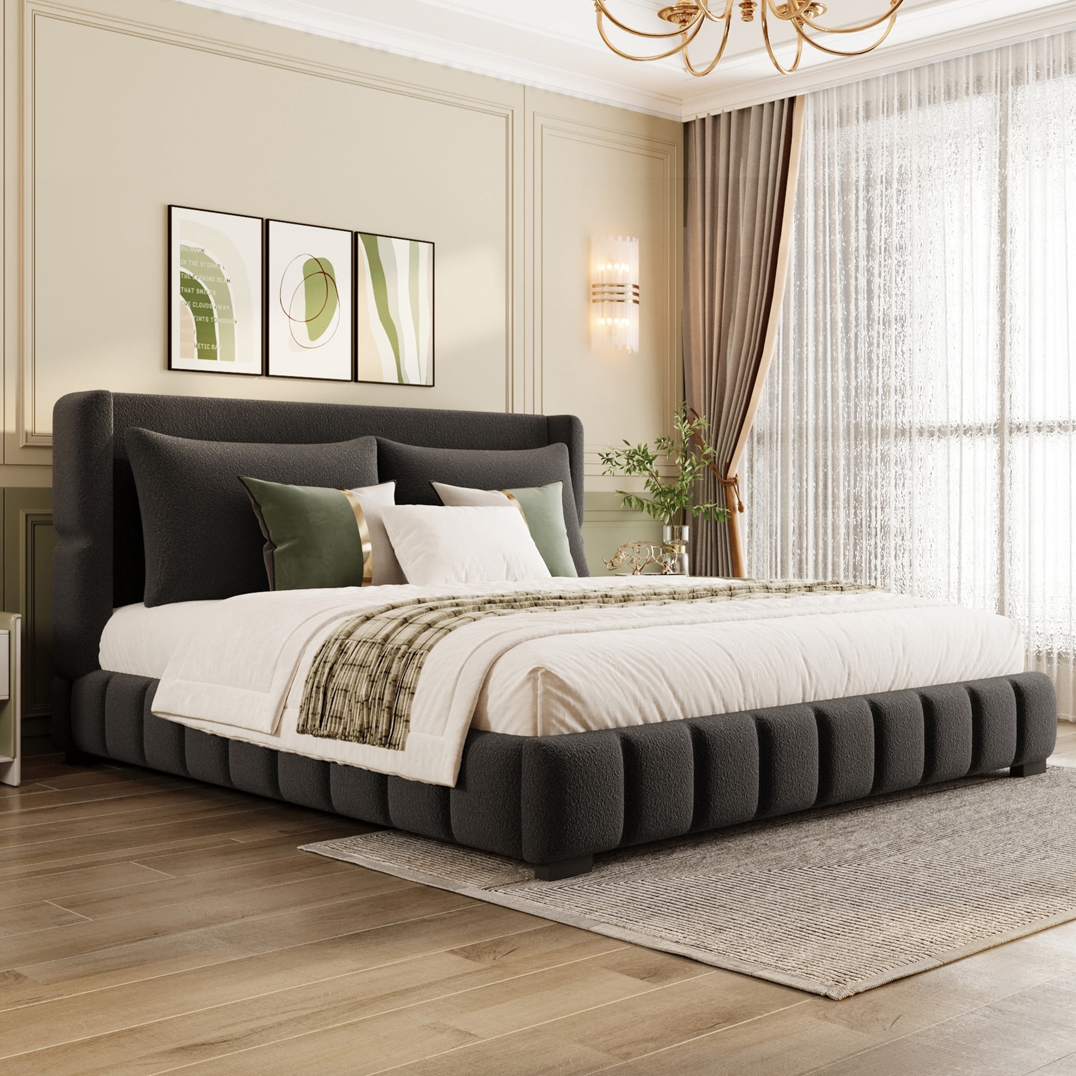 Noble House Rowena King Size Velvet Upholstered Platform Bed with Matching Pillows, Sturdy Wood Frame, Black