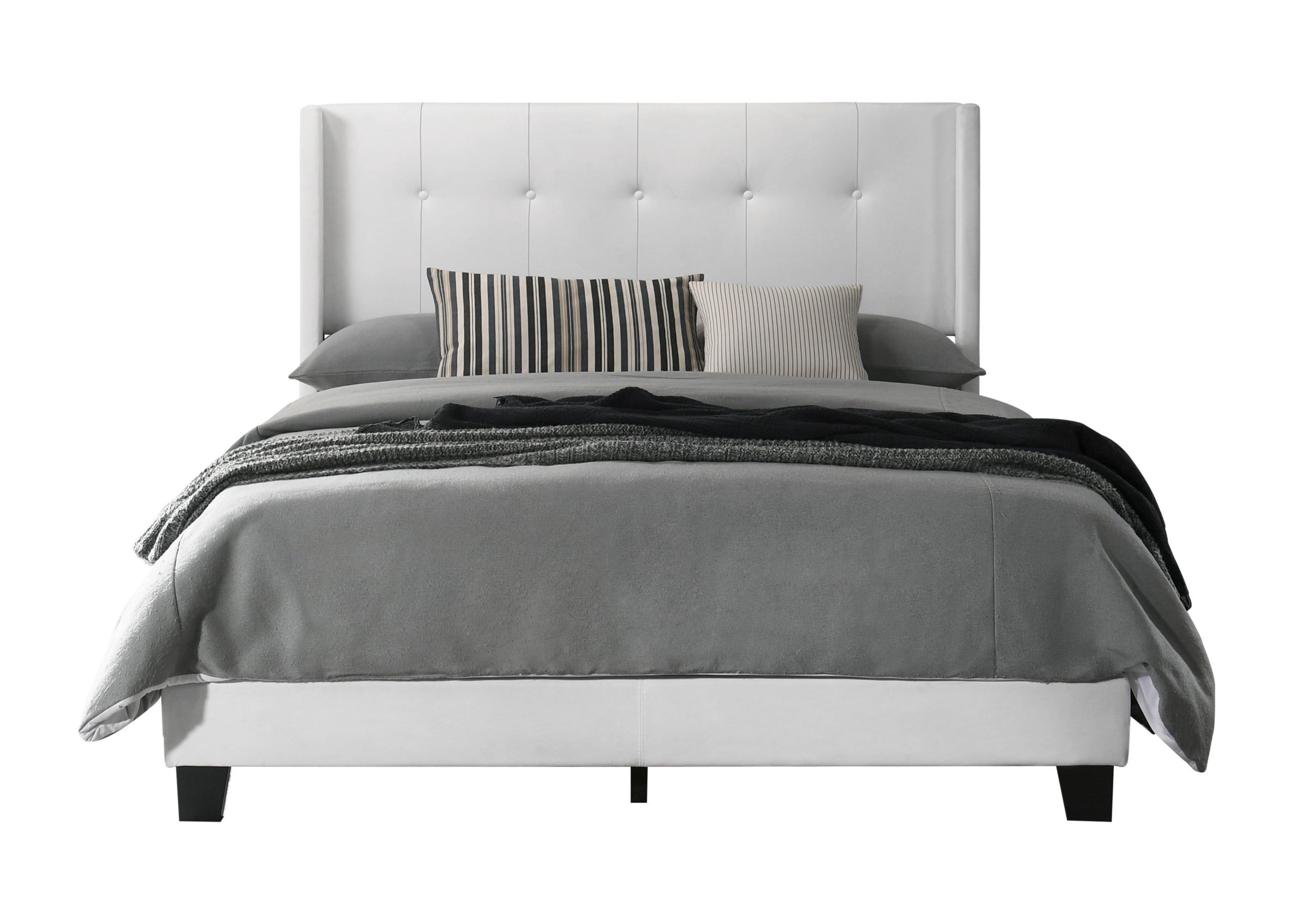 Home Design Evelyn Queen Upholstered Panel Bed Frame with Button Tufting and Wingback Design, White, Easy Assembly