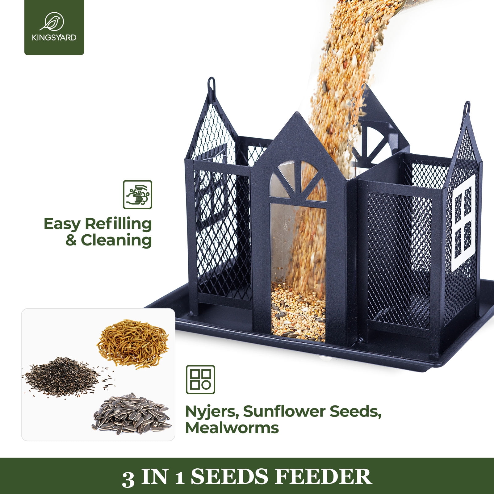 Kingsyard Weatherproof Metal Bird Feeder House, Triple Feeders for Outside Finch Cardinal, Black