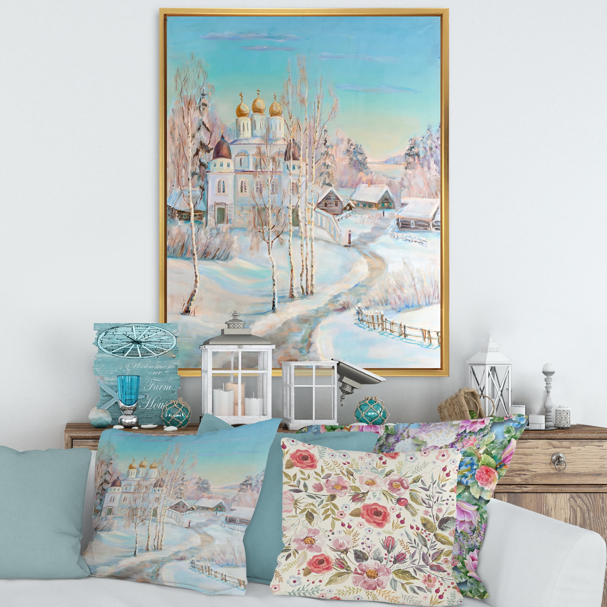 Designart 'Temple Over Country Road In Winter Landscape' Traditional Framed Canvas Wall Art Print