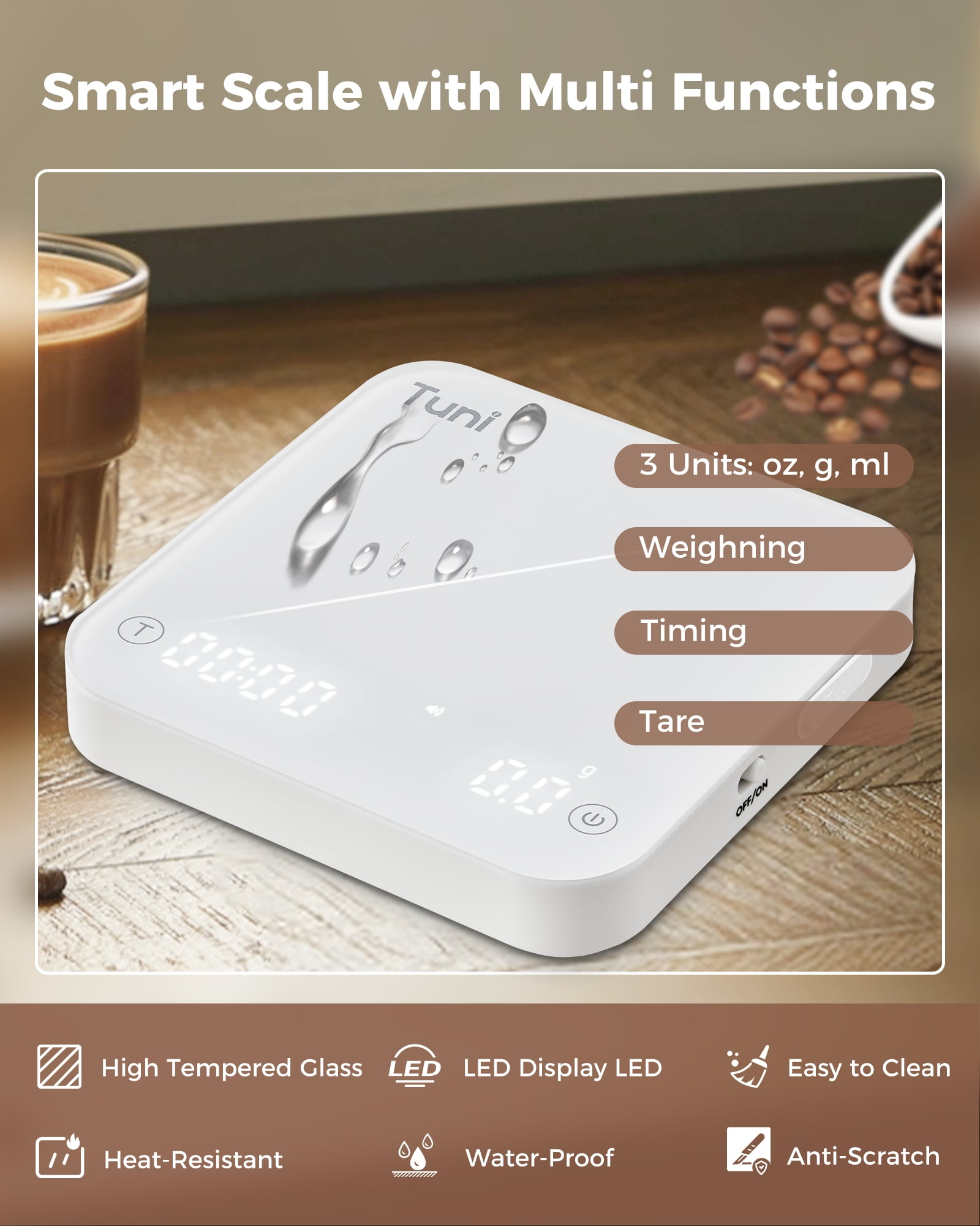 Tuni S1-WP Mini Coffee Scale with Timer, Rechargeable Digital Espresso Scale with Auto Timing, 0.1g/2kg Accurate Scale for Espresso and Pour-Over Coffee