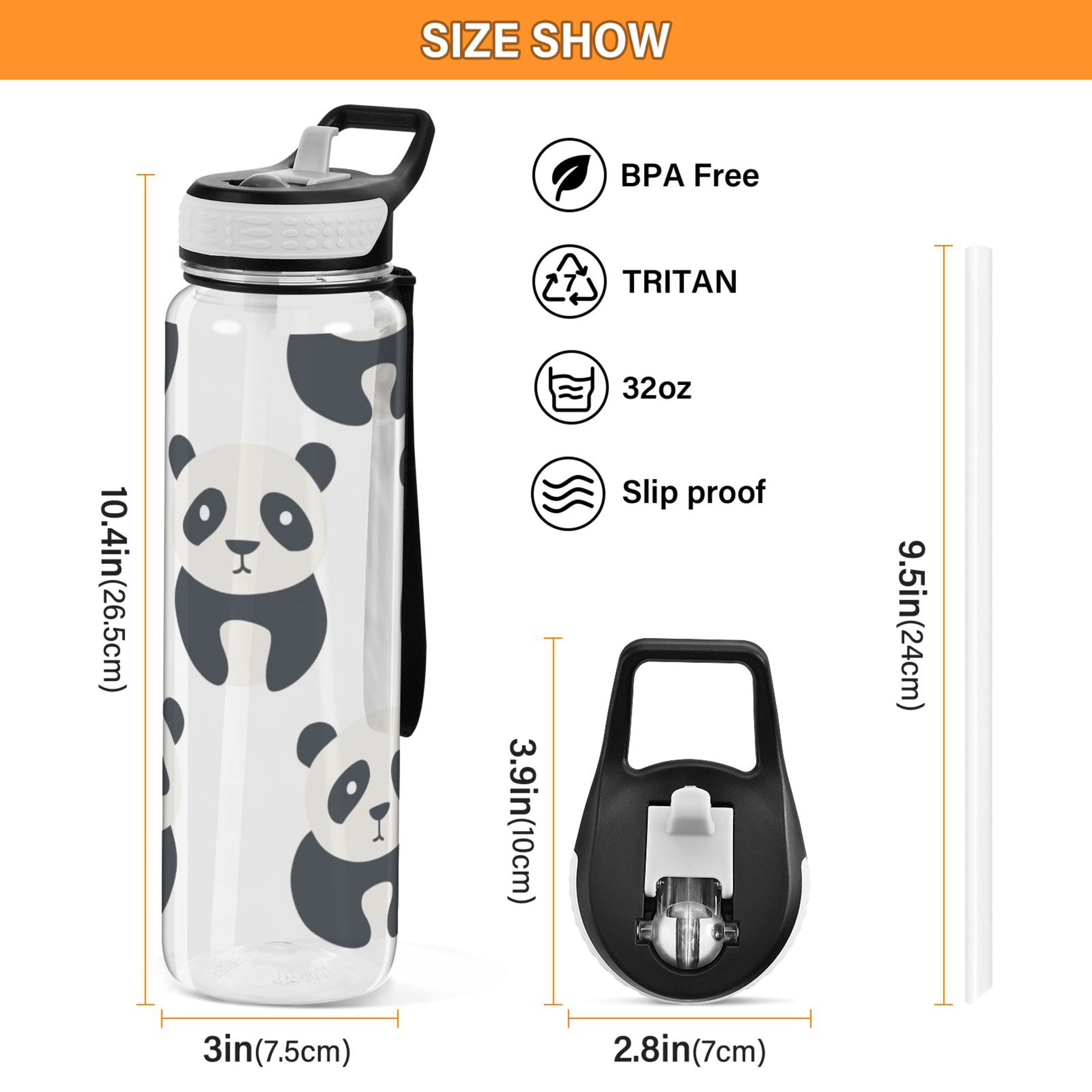 32 Oz Sports Water Bottle with Straws Pandas Silhouette Tritan Clear Bottles BPA Free Leakproof Cup for Outdoor School Gym Fitness