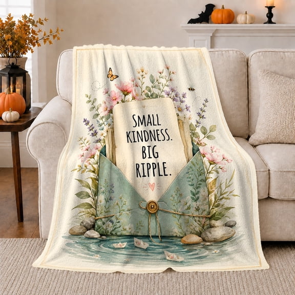 Delicate Kindness Big Ripple Floral Envelope, Cozy Typography Art Scene, Warm Flannel Blanket for Living Room and Reading Nook, Art Lovers Thank You Gift, Artistic Home Decor