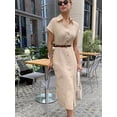 thumbnail image 4 of Women's Button Down Belted Cotton Linen Maxi Dresses Sleeveless Long Pockets Shirt Dress Khaki S, 4 of 9