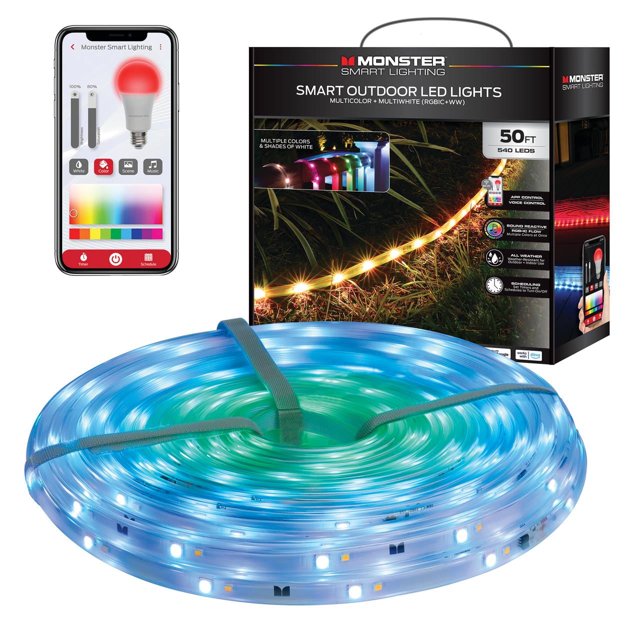 Monster Smart Outdoor LED Strip Lights, 50 ft, RGB+IC, 540 LEDs, Weather‑Resistant, App & Voice Control, Alexa & Google