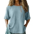 thumbnail image 3 of Women's Cotton Linen Blouse, Round Neck Embroidered Short Sleeve Top, Loose Fit Casual Tunic for Summer, Boho Chic Shirt and Everyday Wear-Light Blue, 3 of 6
