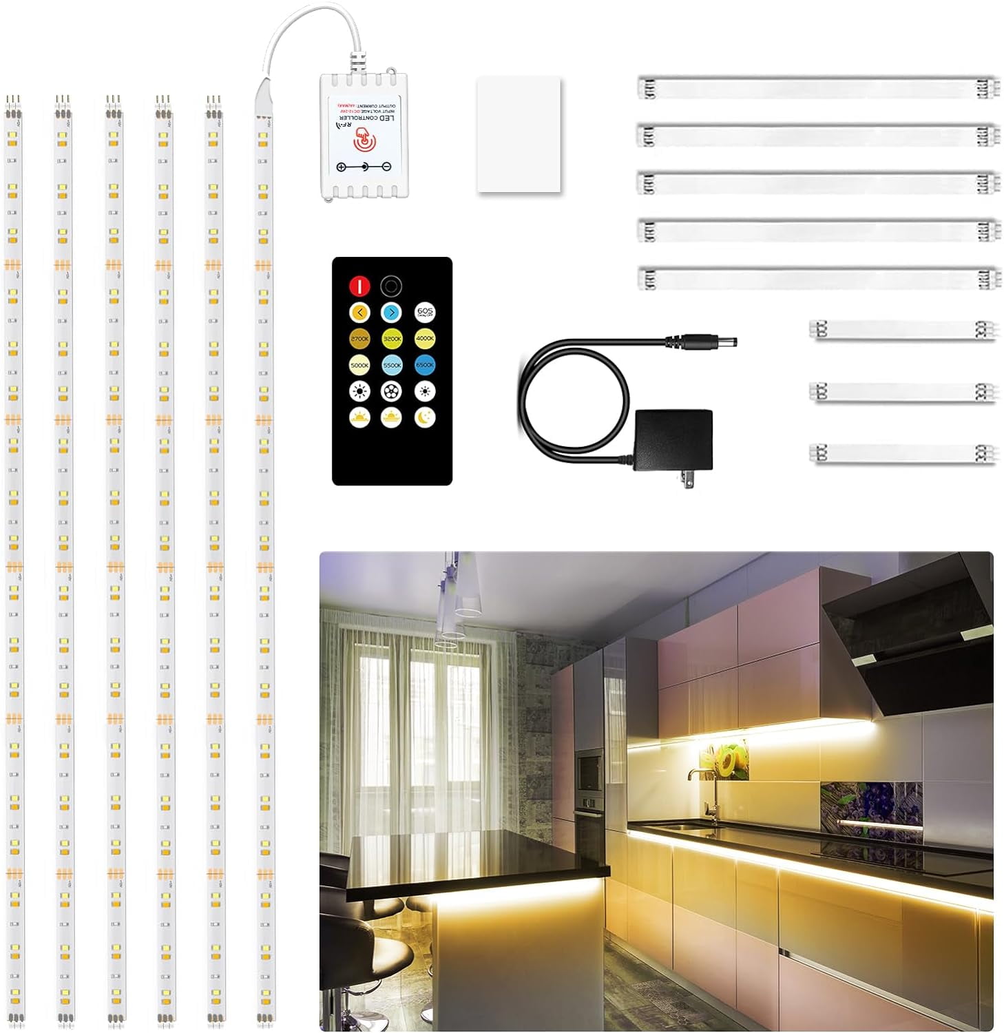 RGHJAR-Under Cabinet Lights, 6 PCS Under Cabinet Lighting with Remote, Dimmable LED Strip Lights for Bedroom, LED Lights for Kitchen Cabinet, Counter Shelf 2700K-6500K Warm to Daylight White, 9.8ft