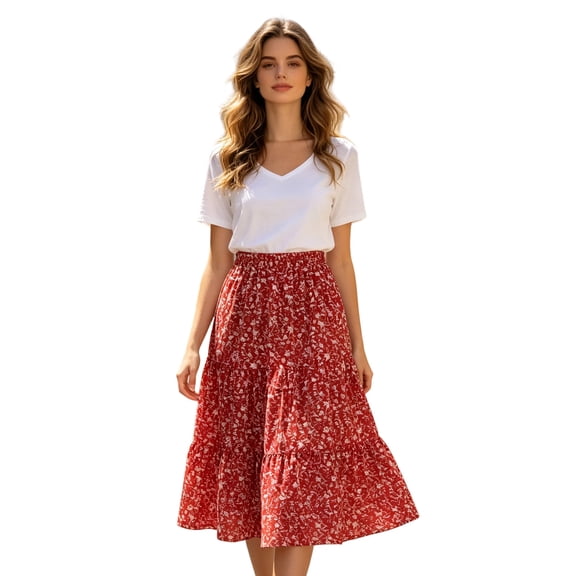 Unir Women Red Floral Tiered Chiffon Midi Skirt Elastic Waist Pocket Vacation Flowy Casual Bottom 1PC S-XXL Plus Size Friendly
